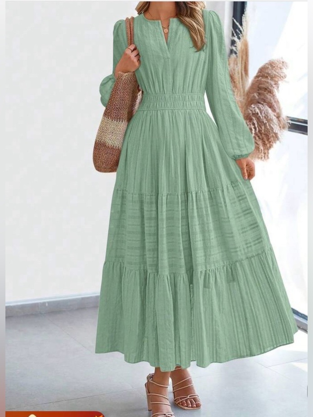 BTFBM Women Maxi Dresses Long Sleeve High Waist Tiered Flowy Dress, SIZE S,Green
